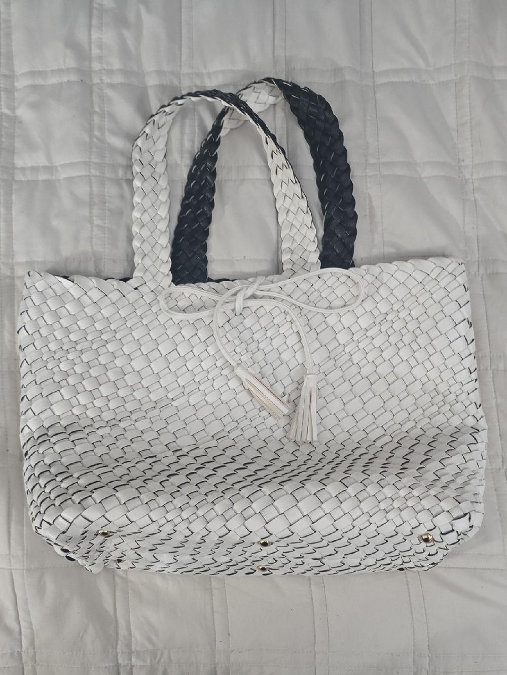 Reversible Woven Faux Leather Tote Black White Large Bag